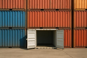 Shipping containers stacked high with one open door, logistics and transport solutions