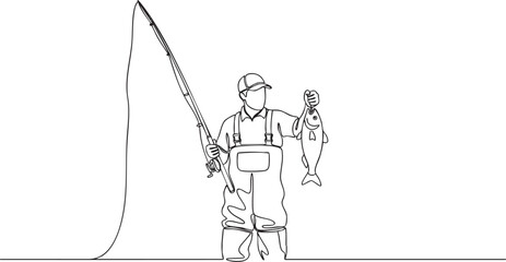 Obraz premium Continuous single line drawing of a fisherman holding a caught fish with a spinning rod, minimalist outdoor fishing scene in clean outline vector illustration