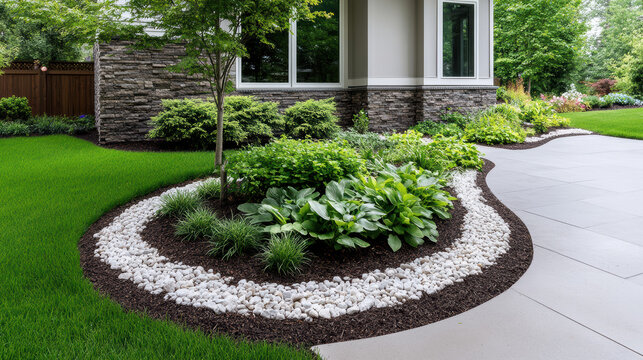 Lush curved garden bed with green hosta and white pebble border beside modern house patio