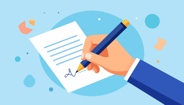 Hand signing a document with a pen, on a light blue background.
