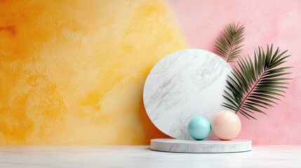 Fototapeta premium A minimalist abstract composition featuring a marble pedestal, a large circular marble backdrop, two spheres (one blue, one peach), and two palm leaves, set aga