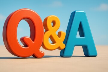 Colorful 3D "Q&A" letters, bright orange, red, and blue, stand on wood, blue sky backdrop