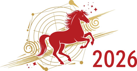 A red horse leaping next to the year 2026 with gold abstract designs in the background