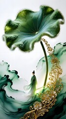 Obraz premium Neo-Chinese Plush Lotus Leaf & Ancient Figure with Golden Trim · Zen Luxury Decor Concept