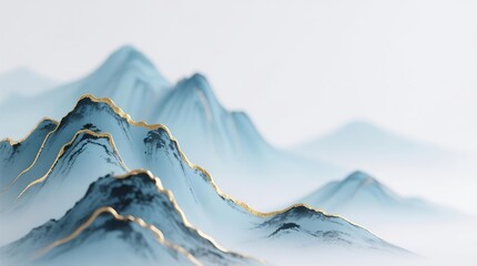 Neo-Chinese Golden-Lined Landscape (Soft Blue Mist) · Zen Decor Concept
