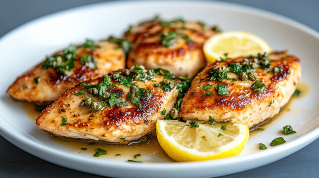 Pan seared chicken piccata with lemon butter caper sauce, rustic plated and appetizing