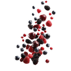 Assorted berries float midair, cherries, raspberries, dark background