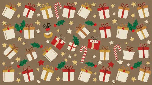 Colorful festive holiday pattern with gift boxes candy canes holly and stars on a brown background creating a cheerful seamless graphic design animation