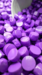Close-up of glossy, cylindrical purple objects spilling from a container