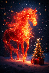 Mystical Fiery Red Horse in Snowy Christmas Wonderland Beside Lit Tree with Gift Boxes, and Sparkling Stars, Holiday Illustration