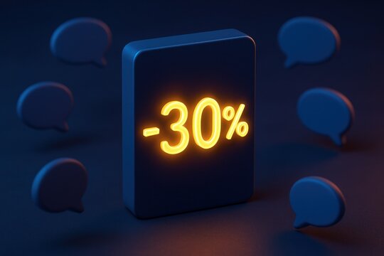 Glowing -30% text on a dark blue rectangular block, with speech bubbles around it