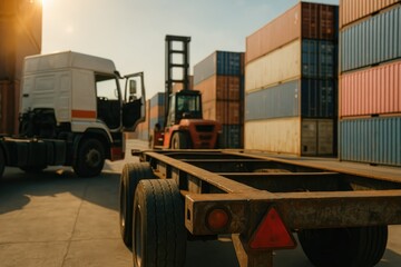 Logistics yard with shipping containers, forklift, and truck trailer, cargo transport, import export