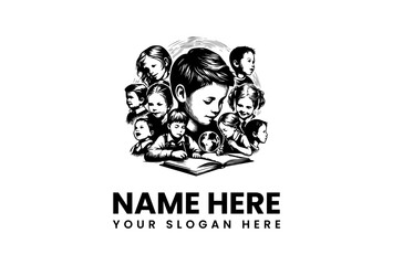 Vintage drawing of a group of children reading and learning from a book, education vector logo illustration 10.eps