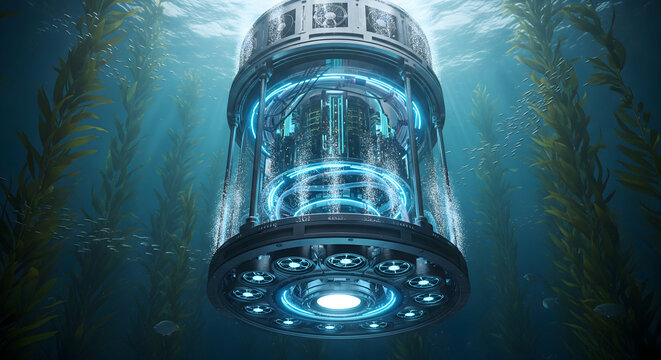 Futuristic underwater server farm concept with sleek neon accents surrounded by kelp forest, perfect for science fiction, climate solutions, and innovative tech themes