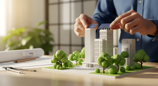 Architectural model shows sustainable city design with solar panels, ideal for eco-friendly urban planning presentations and modern construction innovation projects today