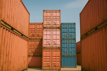 Stacked shipping containers in a shipping yard with blue and orange hues, cargo logistics, global trade, intermodal transport