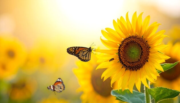 Bright sunflowers in a field bask in the sunshine, with butterflies fluttering nearby