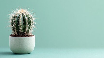 Single cactus plant on pastel green background in a minimalist studio setup