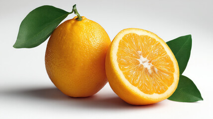 Two vibrant orange fruits with green leaves, one whole and one cut in half, display juicy texture and freshness on white background