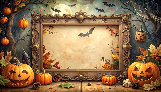 Ornate frame with empty parchment sits atop a wood surface, surrounded by pumpkins, bats, and autumn leaves - Powered by Adobe