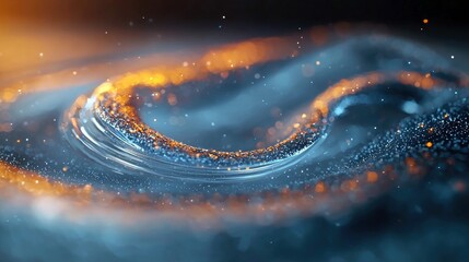 Abstract swirling patterns of blue and orange particles with glowing light trails, set against a dark, starry background. The image evokes a sense of cosmic ene