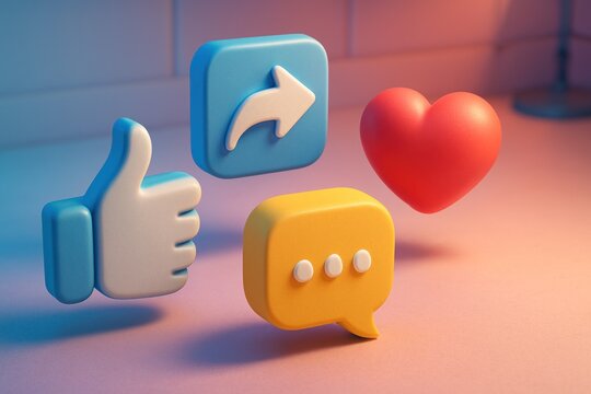 Rendered 3D social media icons like, share, comment, and heart, softly lit