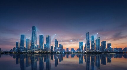 Fototapeta premium Futuristic city skyline with modern skyscrapers reflection in water at night, urban architecture background, metropolis business center panorama