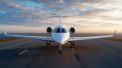 Luxury private jet front view on at sunrise with cinematic light and motion