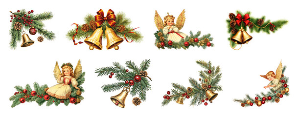 Fototapeta premium PNG Vintage Christmas angel decorations, element set on transparent background