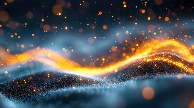 Abstract waves of glowing orange and blue particles with bokeh lights in a dark, cosmic background.