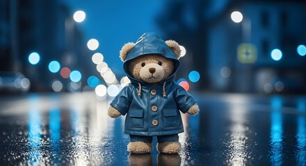 Teddy bear in blue raincoat standing on wet city street at night stuffed animal