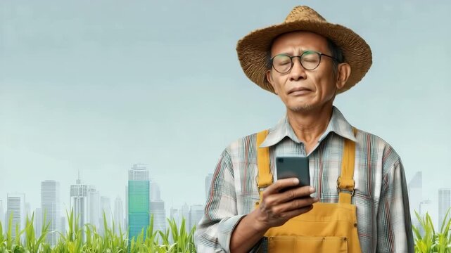 A middle-aged Asian farmer in a straw hat looks perplexed while checking stock graphs on his smartphone, juxtaposed against a vibrant city skyline and lush green grass.