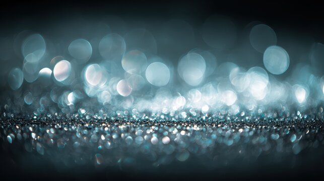 Soft silver bokeh lights with glittering particles in a moody dark background