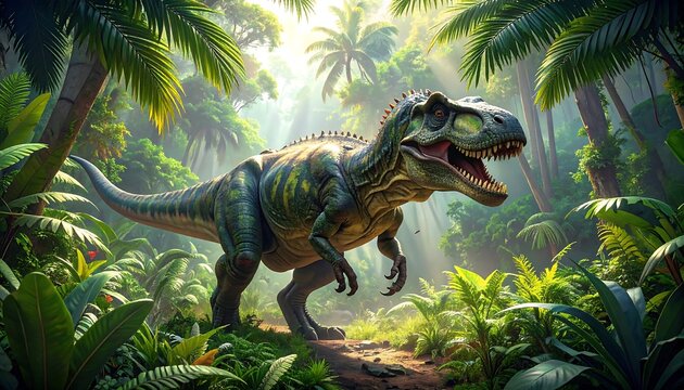 A large dinosaur stands amidst lush green foliage with sunlight filtering through the trees in a tropical environment - Powered by Adobe
