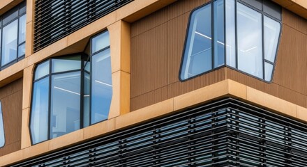 Fototapeta premium A modern office building with glass windows and a wooden facade, featuring a mix of architectural styles.
