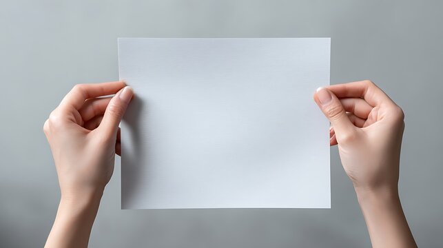 Two hands holding a blank white square paper sheet against a grey background