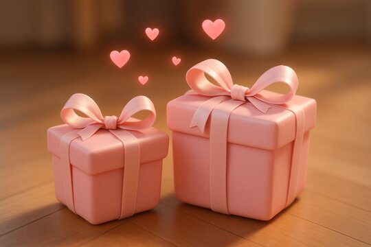 Two pink gift boxes tied with ribbons, hearts float above. Wooden floor background
