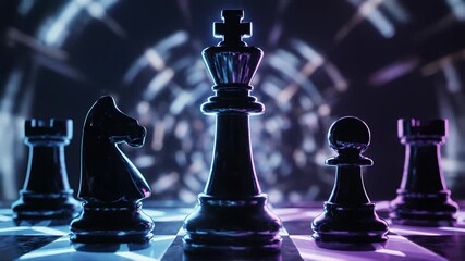 Chessboard with intricately designed pieces in various positions, surrounded by dark, glowing neon hues, conveying high stakes decision making, strategic planning, and calculated risk taking –.