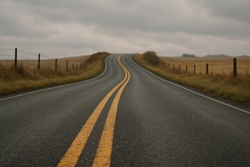 Obraz premium Winding asphalt road ascends a hill through fields under an overcast sky