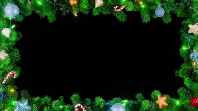 Christmas frame or new year frame with green fir or pine leaves, christmas balls, stars and light bulbs blinking with alpha map for compositing. 4K loop animation.