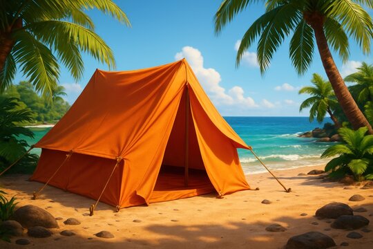 Vivid orange tent on a sandy beach, palm trees, turquoise ocean, sunny day - Powered by Adobe