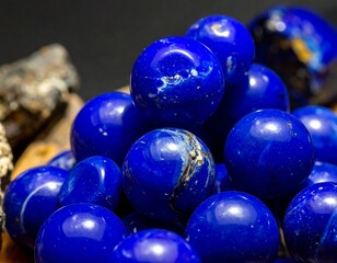 Close-up of glossy, polished spheres, blue with white and gold marbling