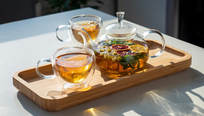 Two cups of herbal tea and a teapot filled with tea on a wooden tray, bathed in natural light