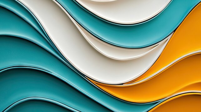 A visually striking abstract background composed of smooth, flowing waves in teal, white, and orange. The glossy texture and layered design create a sense of de