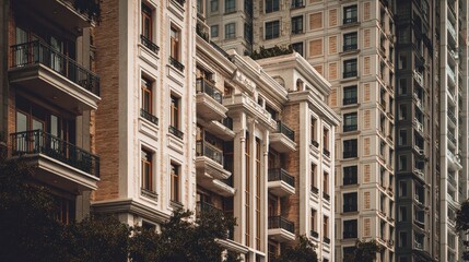 Fototapeta premium Modern residential buildings with balconies and varied architectural styles in urban setting.