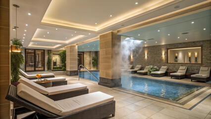 Luxury spa resort swimming pool and lounge chairs for relaxation and wellness