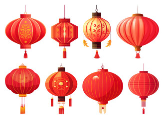 PNG Traditional red Chinese lanterns illustration, element set on transparent background