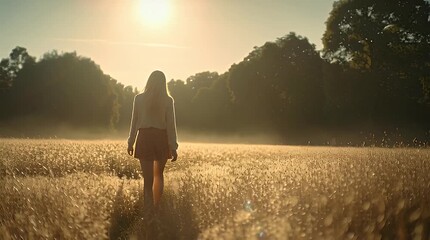 Woman walking through tall grass in a field during golden hour sunlight