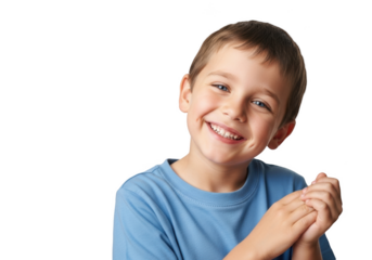 A smiling young boy with short brown hair and blue eyes wearing a light blue shirt, blue, boy, child, hand, laugh, portrait, shirt, smile 