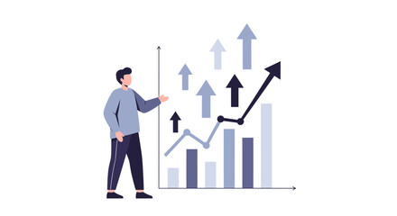 Man Analyzing Upward Trend Graph with Arrows Indicating Growth.